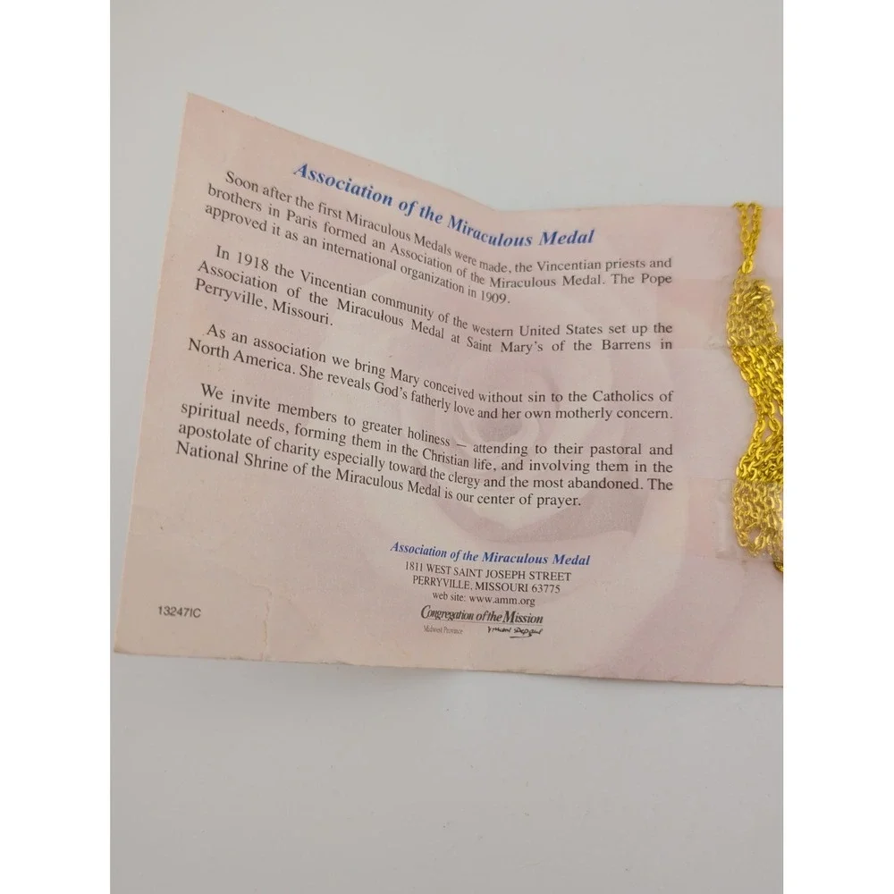 MIraculous Medal Pendant Necklace & Information Card- Gold Tone